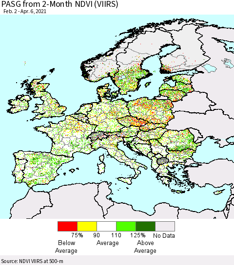 Europe PASG from 2-Month NDVI (VIIRS) Thematic Map For 3/30/2021 - 4/6/2021