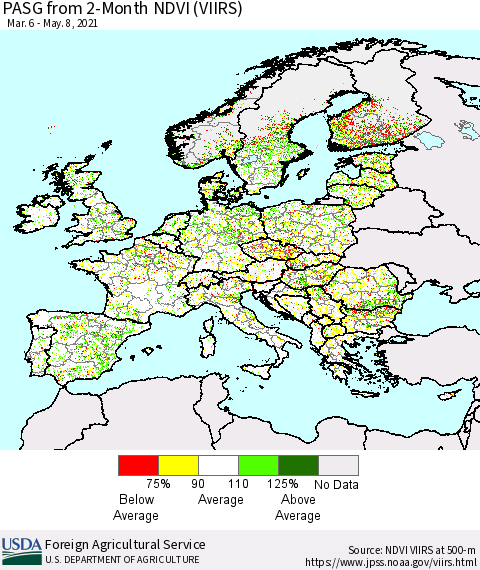 Europe PASG from 2-Month NDVI (VIIRS) Thematic Map For 5/1/2021 - 5/10/2021