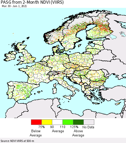 Europe PASG from 2-Month NDVI (VIIRS) Thematic Map For 5/25/2021 - 6/1/2021