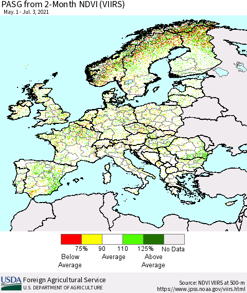 Europe PASG from 2-Month NDVI (VIIRS) Thematic Map For 7/1/2021 - 7/10/2021