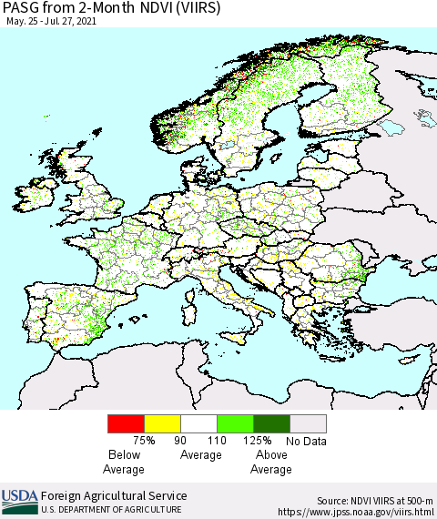 Europe PASG from 2-Month NDVI (VIIRS) Thematic Map For 7/21/2021 - 7/31/2021