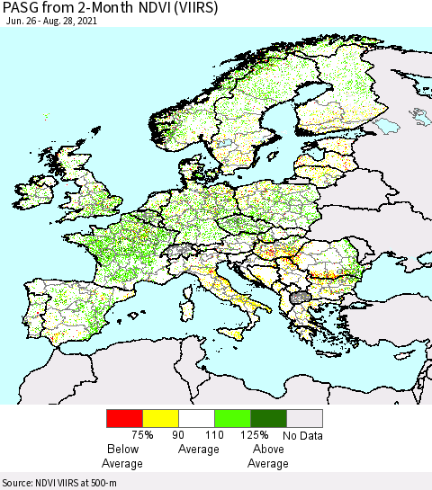 Europe PASG from 2-Month NDVI (VIIRS) Thematic Map For 8/21/2021 - 8/28/2021