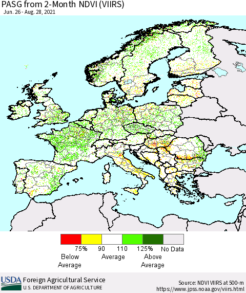 Europe PASG from 2-Month NDVI (VIIRS) Thematic Map For 8/21/2021 - 8/31/2021