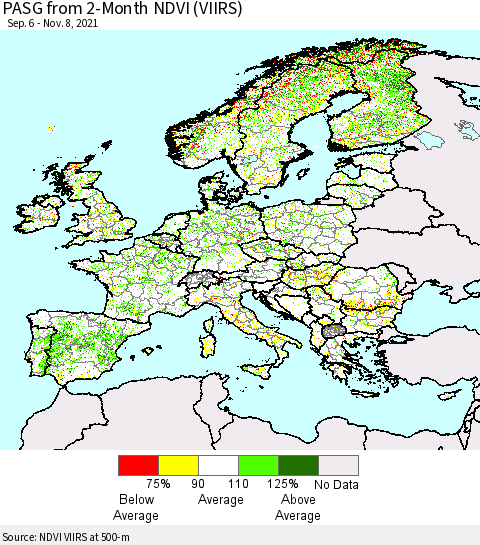 Europe PASG from 2-Month NDVI (VIIRS) Thematic Map For 11/1/2021 - 11/8/2021