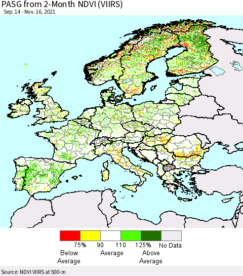 Europe PASG from 2-Month NDVI (VIIRS) Thematic Map For 11/9/2021 - 11/16/2021