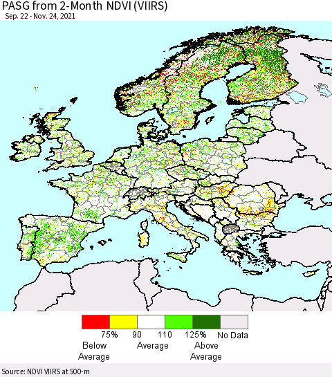 Europe PASG from 2-Month NDVI (VIIRS) Thematic Map For 11/17/2021 - 11/24/2021