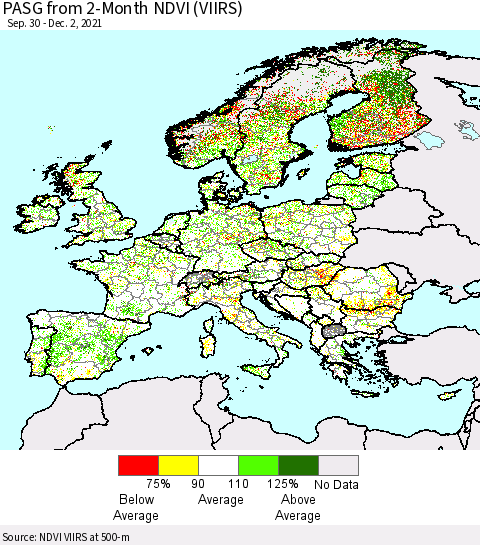 Europe PASG from 2-Month NDVI (VIIRS) Thematic Map For 11/25/2021 - 12/2/2021