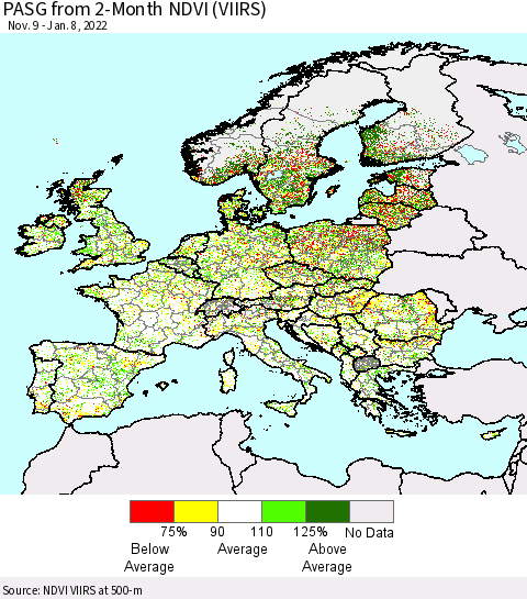 Europe PASG from 2-Month NDVI (VIIRS) Thematic Map For 1/1/2022 - 1/8/2022
