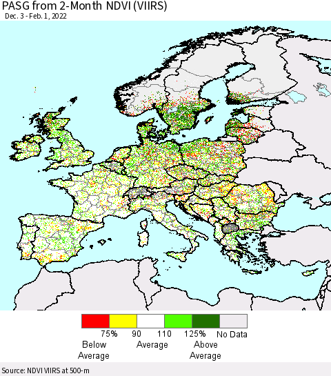 Europe PASG from 2-Month NDVI (VIIRS) Thematic Map For 1/25/2022 - 2/1/2022