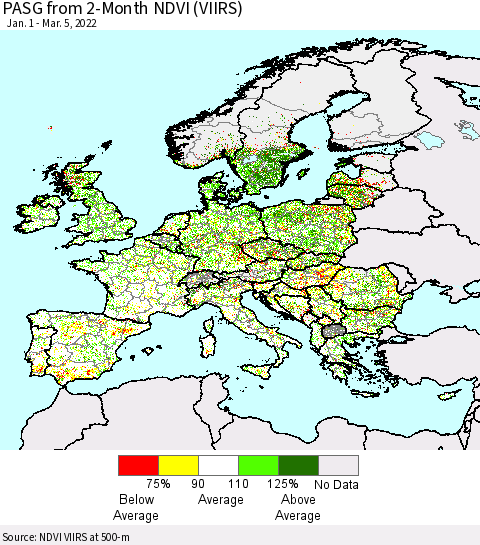 Europe PASG from 2-Month NDVI (VIIRS) Thematic Map For 2/26/2022 - 3/5/2022