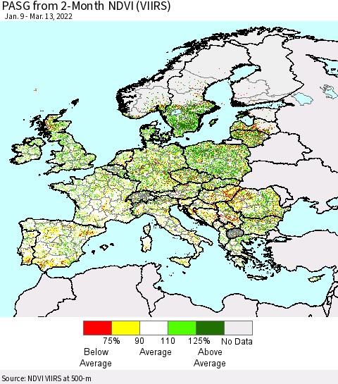 Europe PASG from 2-Month NDVI (VIIRS) Thematic Map For 3/6/2022 - 3/13/2022
