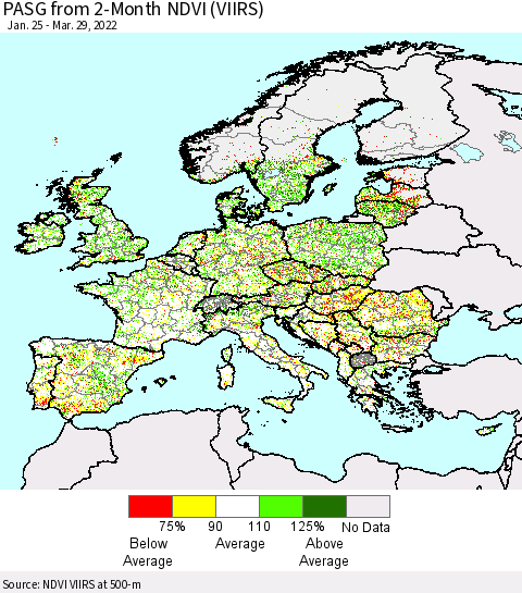 Europe PASG from 2-Month NDVI (VIIRS) Thematic Map For 3/22/2022 - 3/29/2022