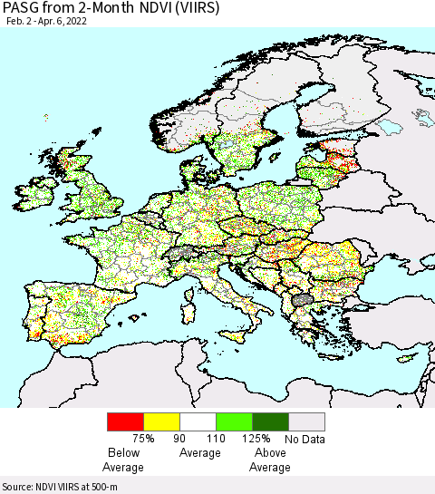Europe PASG from 2-Month NDVI (VIIRS) Thematic Map For 3/30/2022 - 4/6/2022