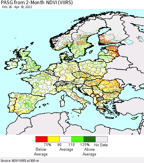 Europe PASG from 2-Month NDVI (VIIRS) Thematic Map For 4/23/2022 - 4/30/2022