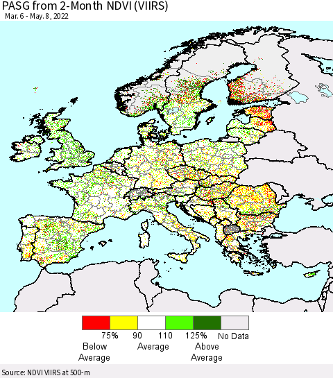 Europe PASG from 2-Month NDVI (VIIRS) Thematic Map For 5/1/2022 - 5/8/2022