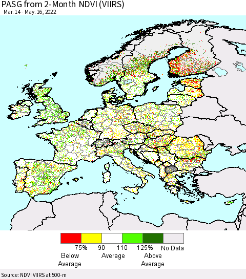 Europe PASG from 2-Month NDVI (VIIRS) Thematic Map For 5/9/2022 - 5/16/2022