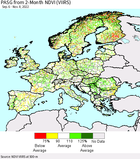 Europe PASG from 2-Month NDVI (VIIRS) Thematic Map For 11/1/2022 - 11/8/2022