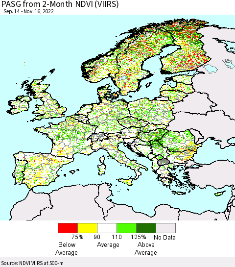Europe PASG from 2-Month NDVI (VIIRS) Thematic Map For 11/9/2022 - 11/16/2022