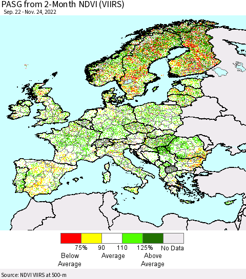 Europe PASG from 2-Month NDVI (VIIRS) Thematic Map For 11/17/2022 - 11/24/2022