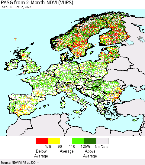 Europe PASG from 2-Month NDVI (VIIRS) Thematic Map For 11/25/2022 - 12/2/2022