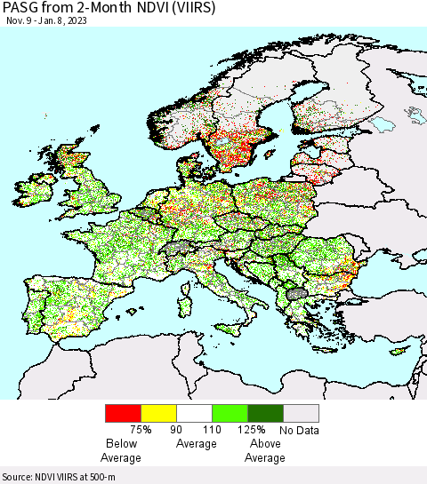 Europe PASG from 2-Month NDVI (VIIRS) Thematic Map For 1/1/2023 - 1/8/2023