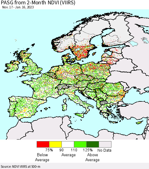 Europe PASG from 2-Month NDVI (VIIRS) Thematic Map For 1/9/2023 - 1/16/2023