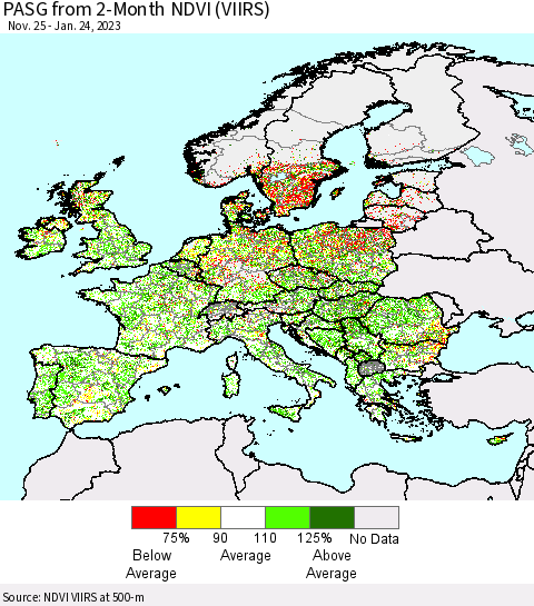 Europe PASG from 2-Month NDVI (VIIRS) Thematic Map For 1/17/2023 - 1/24/2023