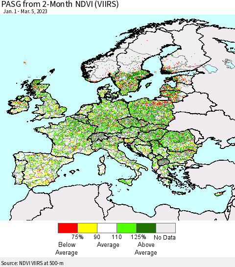 Europe PASG from 2-Month NDVI (VIIRS) Thematic Map For 2/26/2023 - 3/5/2023