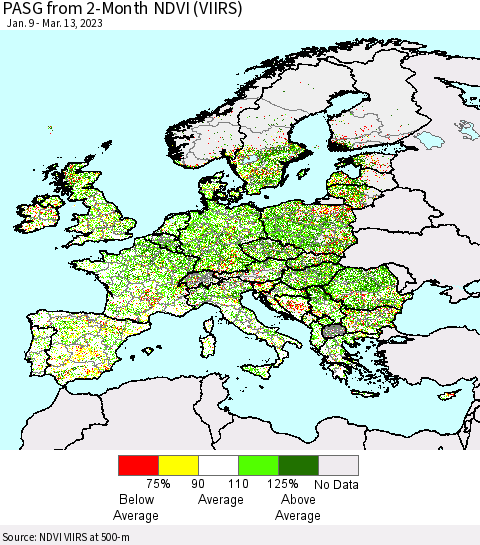 Europe PASG from 2-Month NDVI (VIIRS) Thematic Map For 3/6/2023 - 3/13/2023