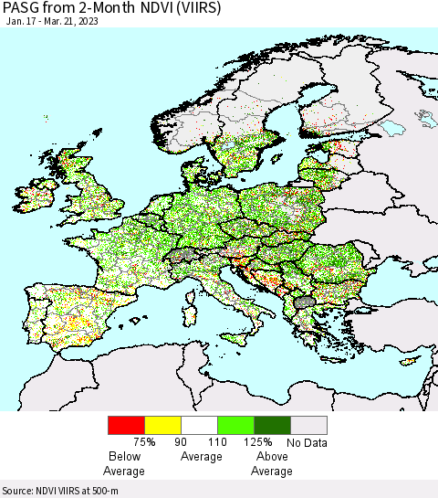 Europe PASG from 2-Month NDVI (VIIRS) Thematic Map For 3/14/2023 - 3/21/2023