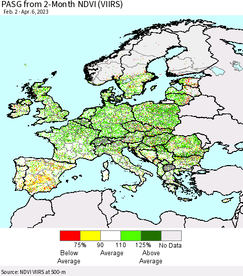 Europe PASG from 2-Month NDVI (VIIRS) Thematic Map For 3/30/2023 - 4/6/2023
