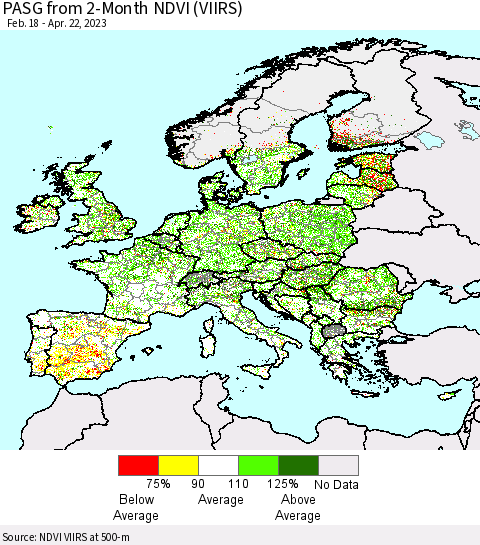 Europe PASG from 2-Month NDVI (VIIRS) Thematic Map For 4/15/2023 - 4/22/2023