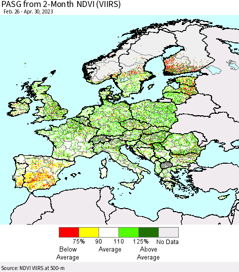 Europe PASG from 2-Month NDVI (VIIRS) Thematic Map For 4/23/2023 - 4/30/2023