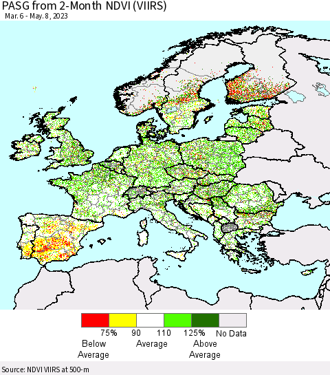 Europe PASG from 2-Month NDVI (VIIRS) Thematic Map For 5/1/2023 - 5/8/2023