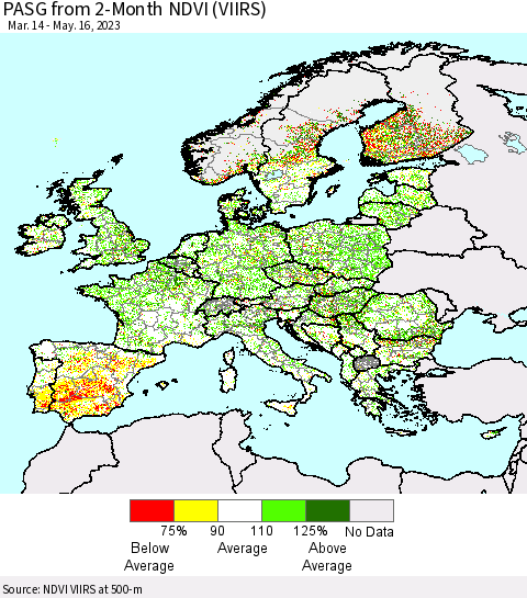 Europe PASG from 2-Month NDVI (VIIRS) Thematic Map For 5/9/2023 - 5/16/2023