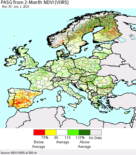 Europe PASG from 2-Month NDVI (VIIRS) Thematic Map For 5/25/2023 - 6/1/2023