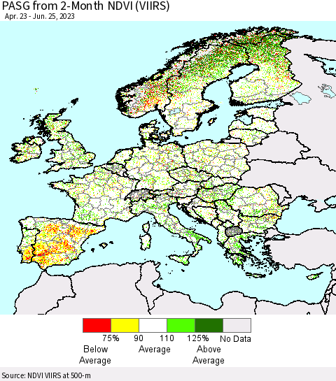 Europe PASG from 2-Month NDVI (VIIRS) Thematic Map For 6/18/2023 - 6/25/2023