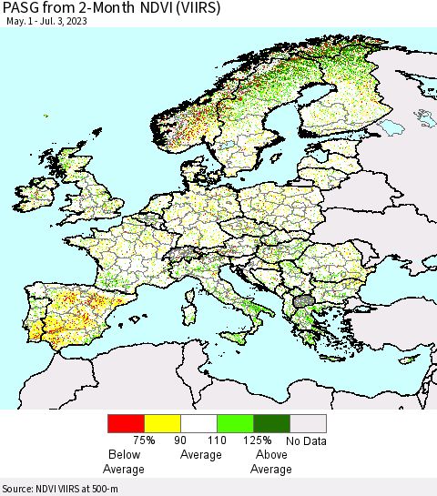 Europe PASG from 2-Month NDVI (VIIRS) Thematic Map For 6/26/2023 - 7/3/2023