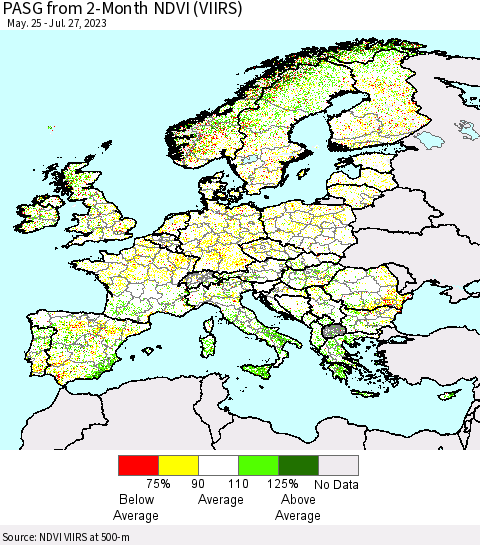 Europe PASG from 2-Month NDVI (VIIRS) Thematic Map For 7/20/2023 - 7/27/2023