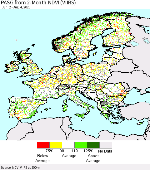 Europe PASG from 2-Month NDVI (VIIRS) Thematic Map For 7/28/2023 - 8/4/2023