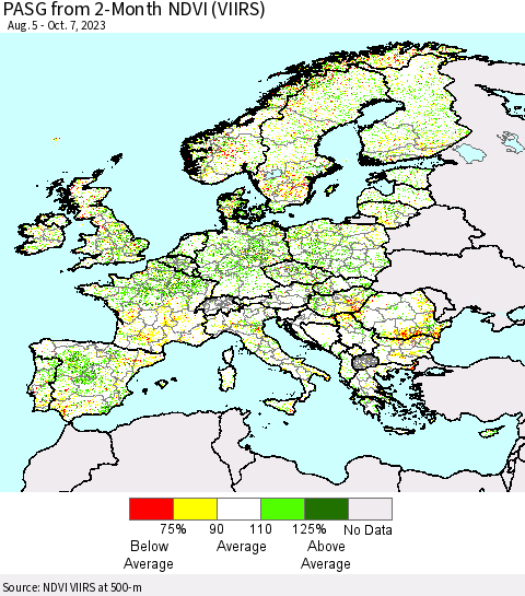 Europe PASG from 2-Month NDVI (VIIRS) Thematic Map For 9/30/2023 - 10/7/2023