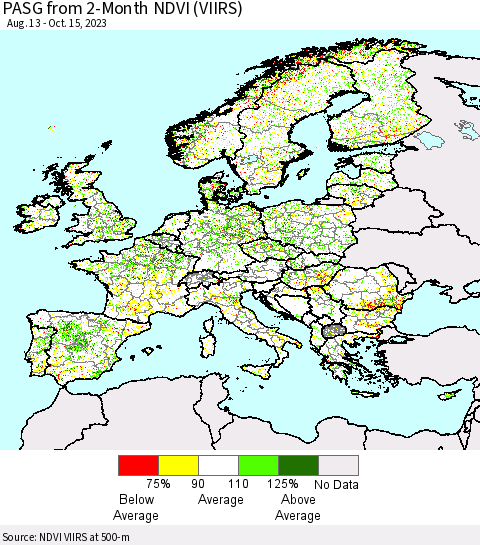 Europe PASG from 2-Month NDVI (VIIRS) Thematic Map For 10/8/2023 - 10/15/2023