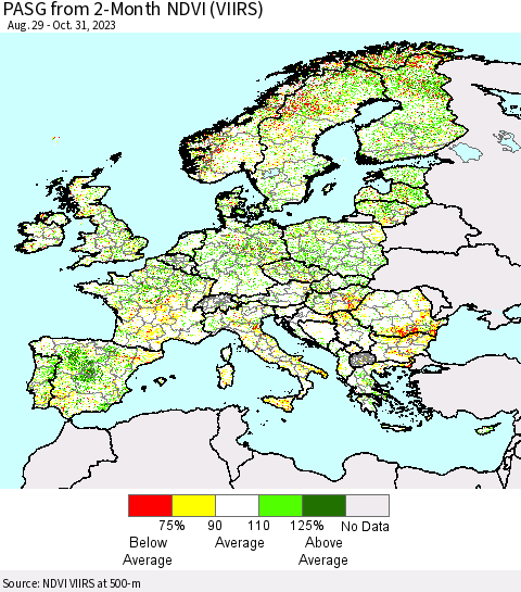 Europe PASG from 2-Month NDVI (VIIRS) Thematic Map For 10/24/2023 - 10/31/2023