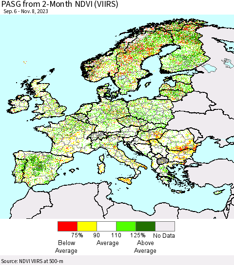 Europe PASG from 2-Month NDVI (VIIRS) Thematic Map For 11/1/2023 - 11/8/2023