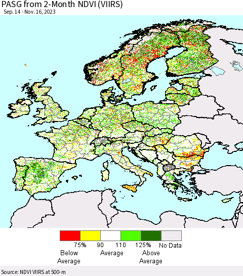 Europe PASG from 2-Month NDVI (VIIRS) Thematic Map For 11/9/2023 - 11/16/2023