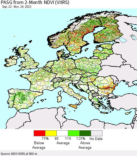 Europe PASG from 2-Month NDVI (VIIRS) Thematic Map For 11/17/2023 - 11/24/2023
