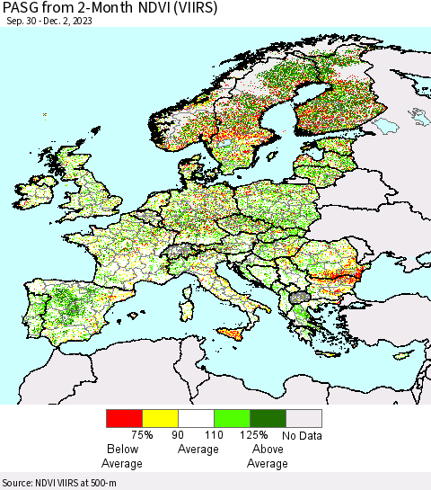 Europe PASG from 2-Month NDVI (VIIRS) Thematic Map For 11/25/2023 - 12/2/2023