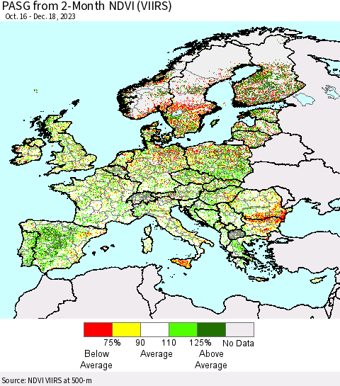 Europe PASG from 2-Month NDVI (VIIRS) Thematic Map For 12/11/2023 - 12/18/2023