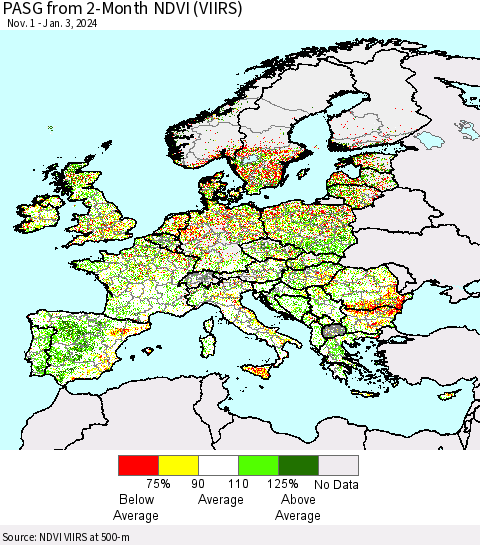 Europe PASG from 2-Month NDVI (VIIRS) Thematic Map For 12/27/2023 - 1/3/2024