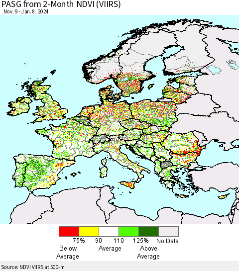 Europe PASG from 2-Month NDVI (VIIRS) Thematic Map For 1/1/2024 - 1/8/2024